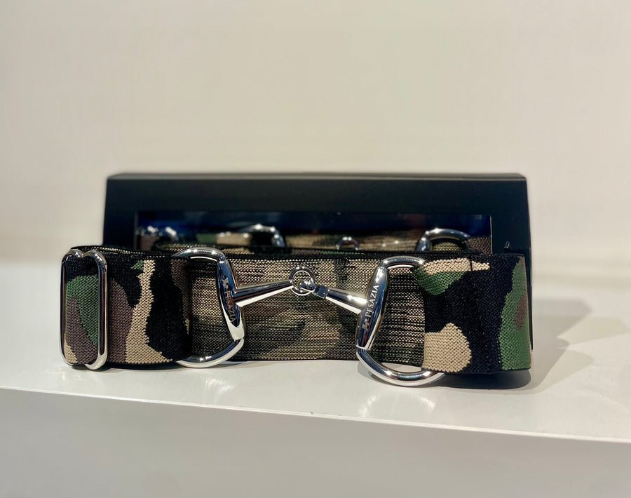 Pesazia - Logo Stretch Bit Belts - Green Camo w/ Silver Snaffle Bit