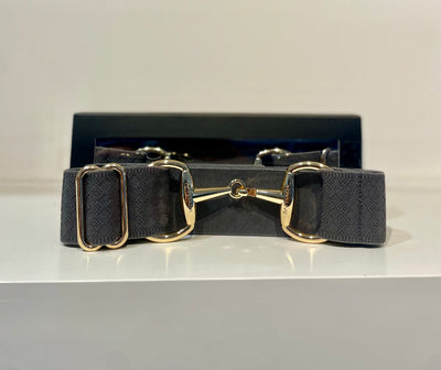 Pesazia - Logo Stretch Bit Belts - Grey Textured w/ Gold Snaffle Bit