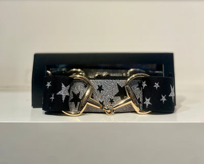 Pesazia - Logo Stretch Bit Belts - Black & Silver Stars w/ Silver Snaffle Bit