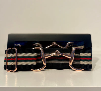 Pesazia - Logo Stretch Bit Belts - Red & Green w/ Rose Gold Snaffle Bit