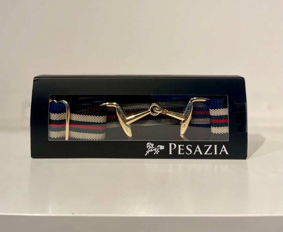 Pesazia - Logo Stretch Bit Belts - Red & Green w/ Gold Snaffle Bit