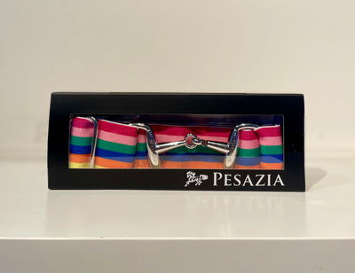 Pesazia - Logo Stretch Bit Belts - Rainbow Stripes w/ Silver Snaffle Bit