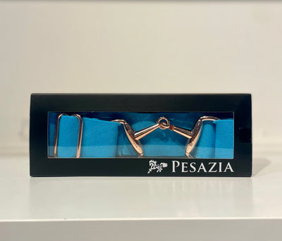 Pesazia - Logo Stretch Bit Belts - Turquoise w/ Rose Gold Snaffle Bit