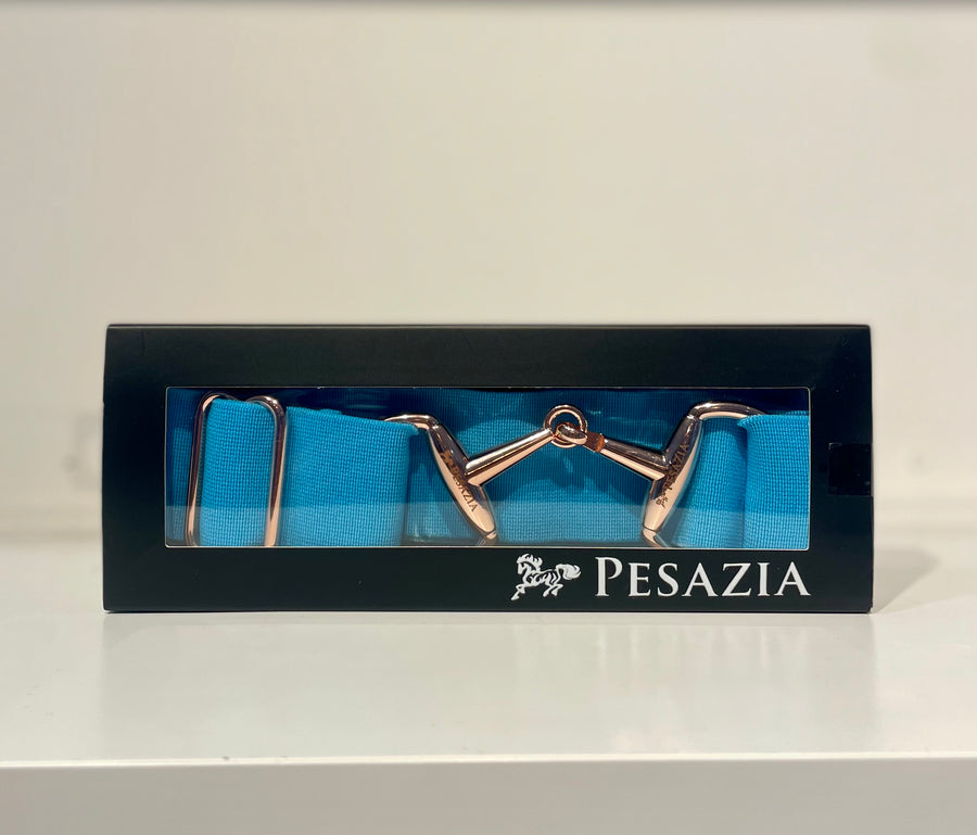 Pesazia - Logo Stretch Bit Belts - Turquoise w/ Rose Gold Snaffle Bit