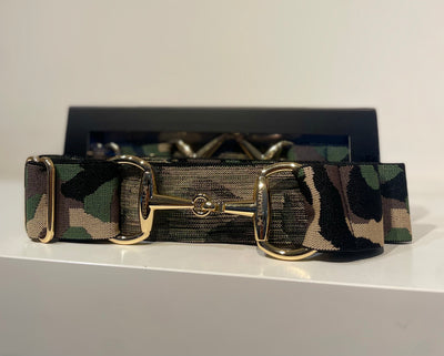 Pesazia - Logo Stretch Bit Belts - Green Camo w/ Gold Snaffle Bit