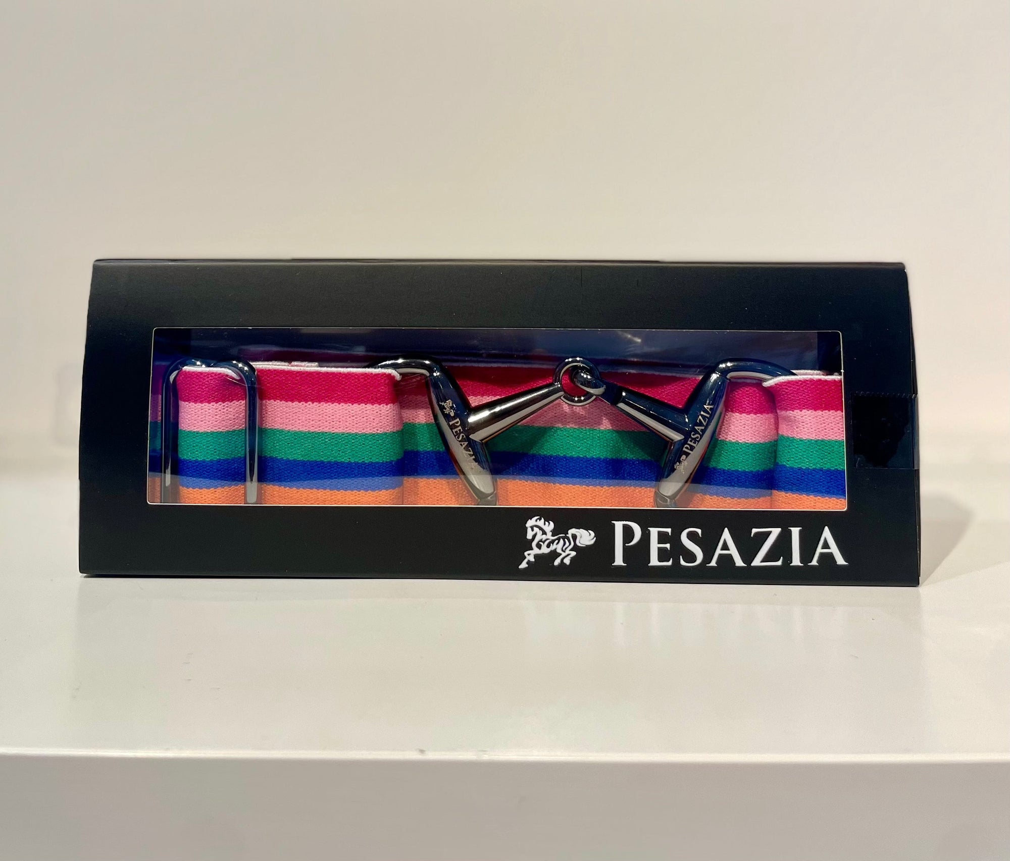 Pesazia - Logo Stretch Bit Belts - Rainbow Stripes w/ Black Snaffle Bit