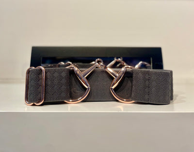 Pesazia - Logo Stretch Bit Belts - Grey Textured w/ Rose Gold Snaffle Bit