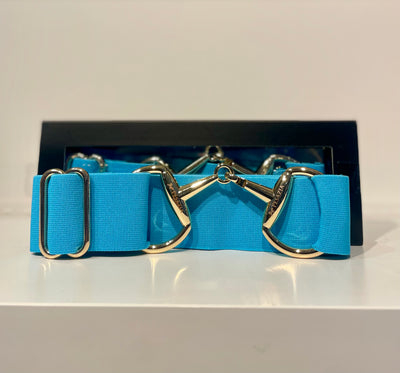 Pesazia - Logo Stretch Bit Belts - Turquoise w/ Gold Snaffle Bit