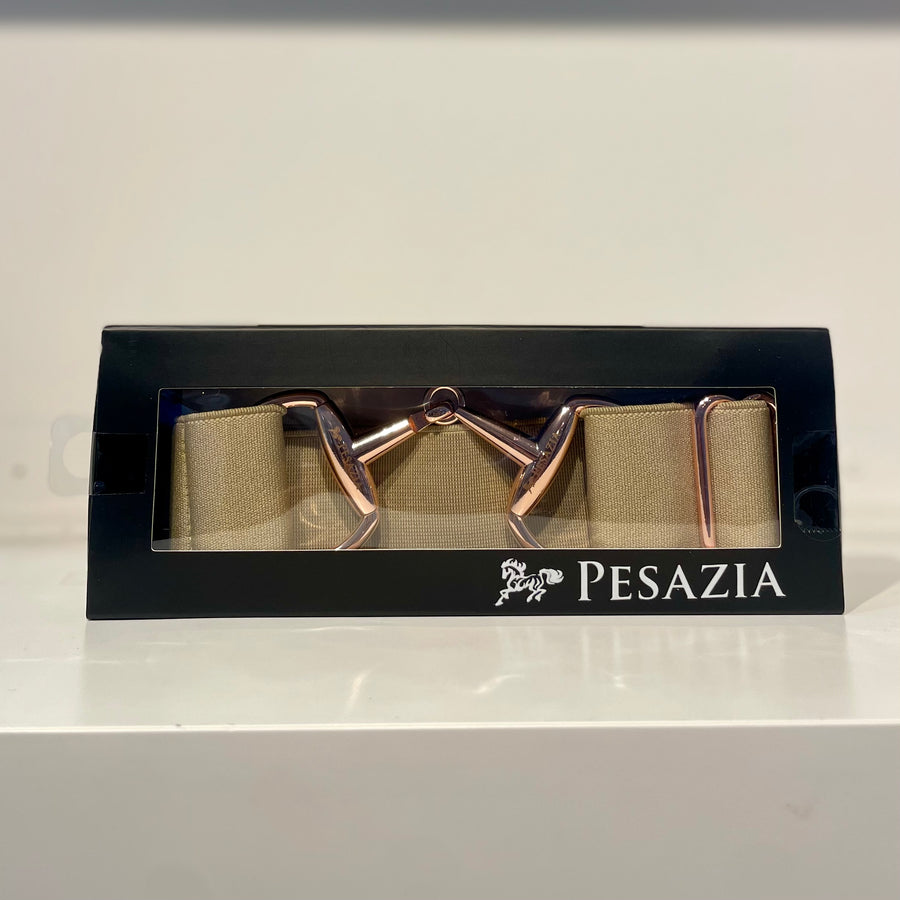 Pesazia - Logo Stretch Bit Belts - Taupe w/ Rose Gold Snaffle Bit