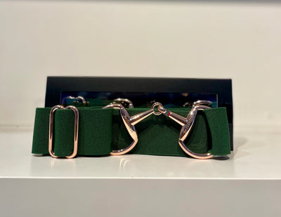 Pesazia - Logo Stretch Bit Belts - Hunter Green w/ Rose Gold Snaffle Bit