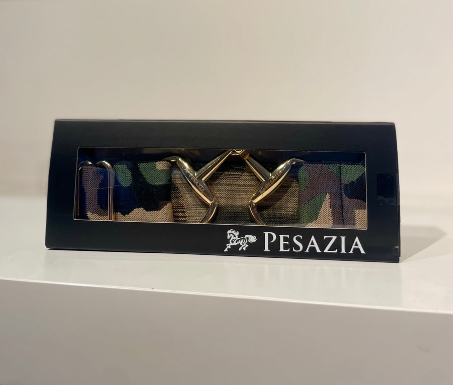 Pesazia - Logo Stretch Bit Belts - Green Camo w/ Gold Snaffle Bit