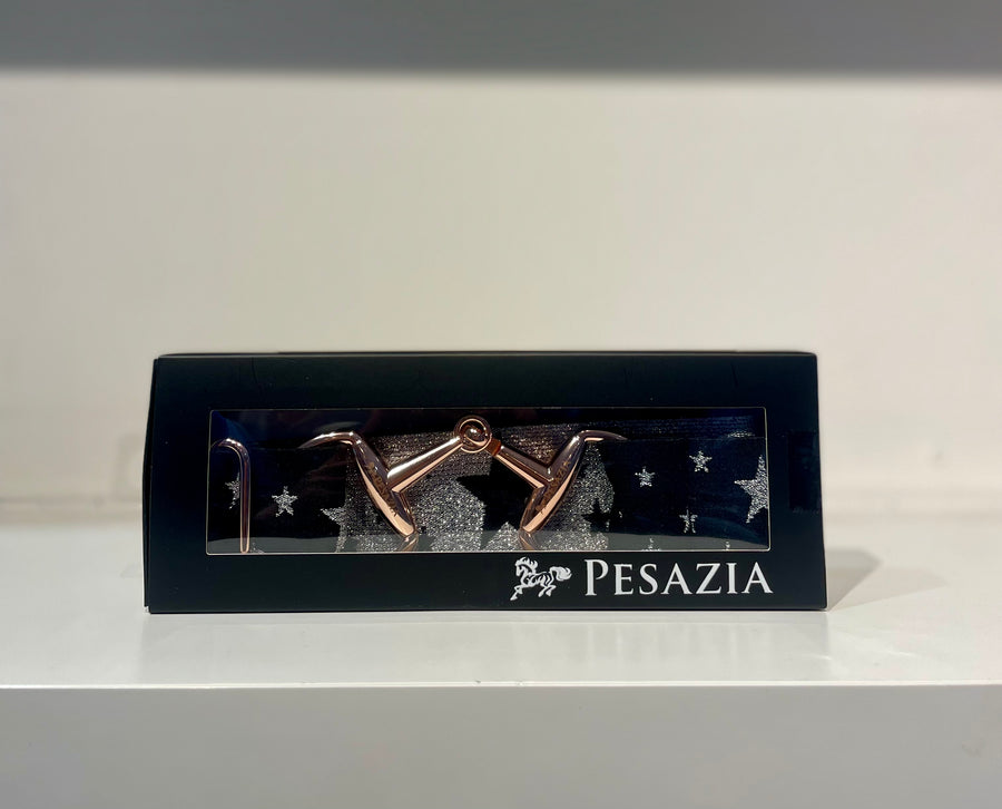 Pesazia - Logo Stretch Bit Belts - Black & Silver Stars w/ Rose Gold Snaffle Bit