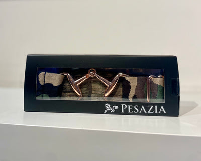 Pesazia - Logo Stretch Bit Belts - Green Camo w/ Rose Gold Snaffle Bit