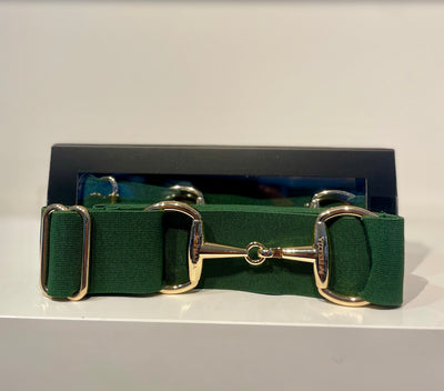 Pesazia - Logo Stretch Bit Belts - Hunter Green w/ Gold Snaffle Bit