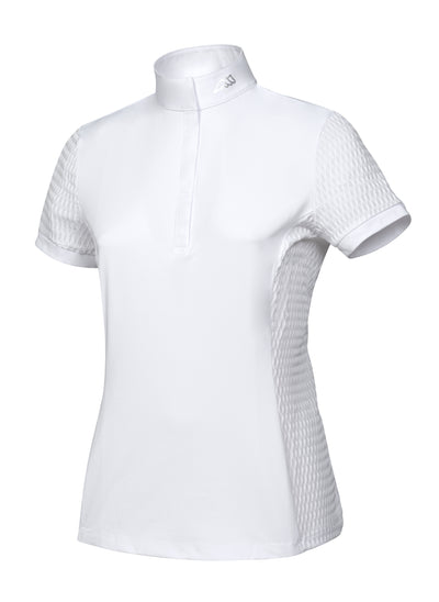 White Short Sleeve Equiline Show Shirt. Silver logo printed on the collar and back yoke. Textured breathable sleeves.