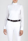 White Long Sleeve Equiline Show Shirt. Silver logo printed on the collar and back yoke. Textured breathable sleeves.