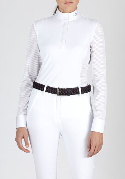 White Long Sleeve Equiline Show Shirt. Silver logo printed on the collar and back yoke. Textured breathable sleeves.