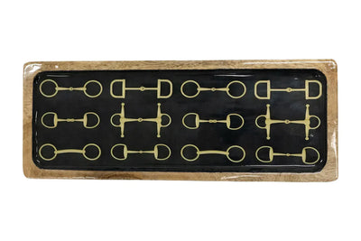 Huntley Equestrian Snaffle Long Wooden Serving Tray - Black and Gold