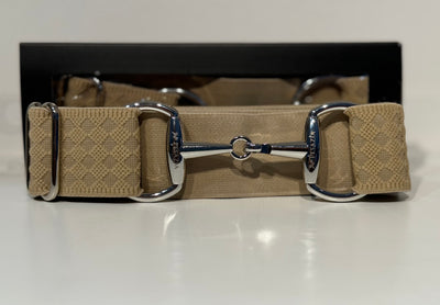 Pesazia - Logo Stretch Bit Belts - Beige Textured w/ Silver Snaffle Bit