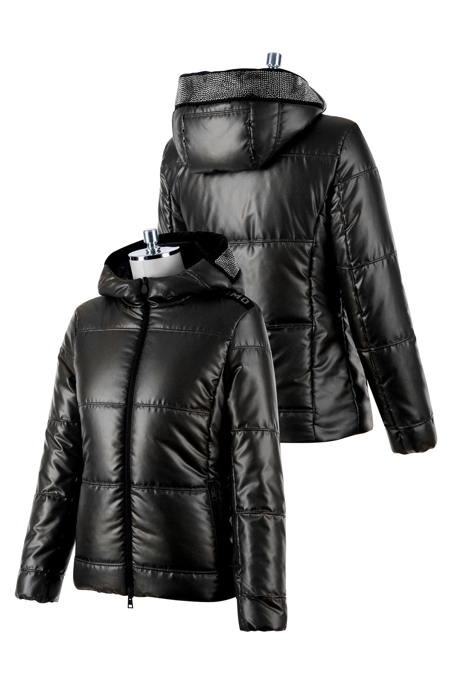 Black Women's extra light jewel padded jacket with hood. Snap button to block the hood. Animo logo on the left shoulder and precious design on the hood – both in rhinestone.