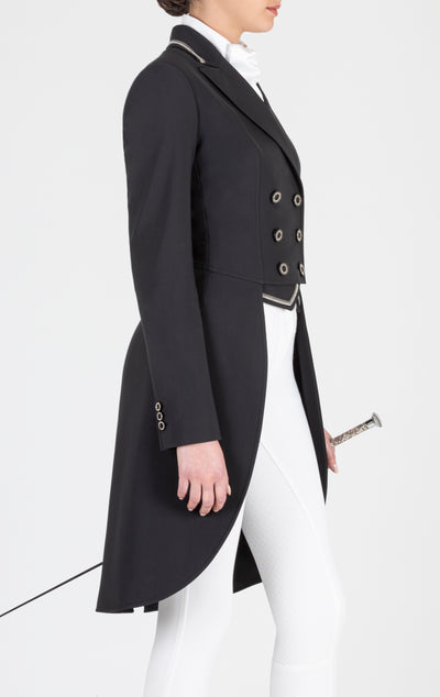 Side View of Black Equiline Tailcoat with Chain ball embroidery on the collar, bottom and back. And Rhinestone buttons