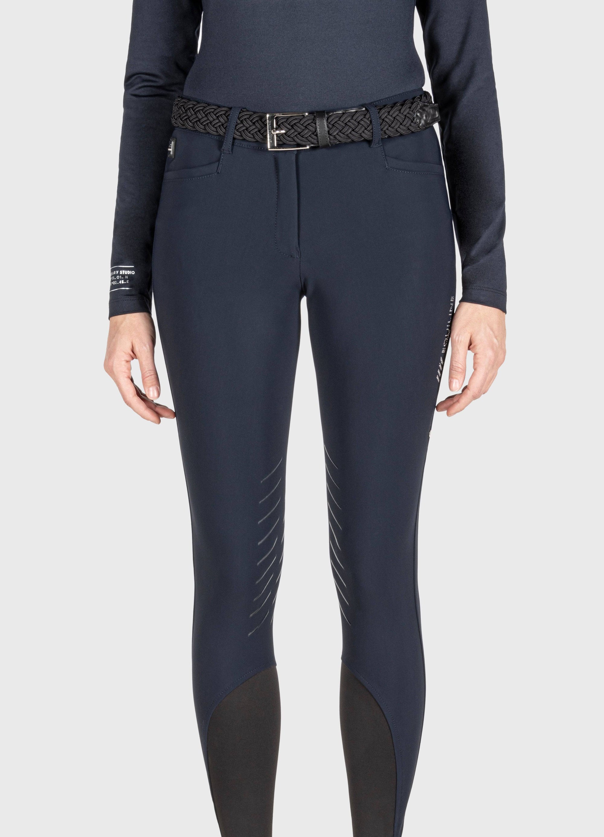 Front View Navy Silver “Equiline” logo in microstuds on the leg (silver for all breeches color)