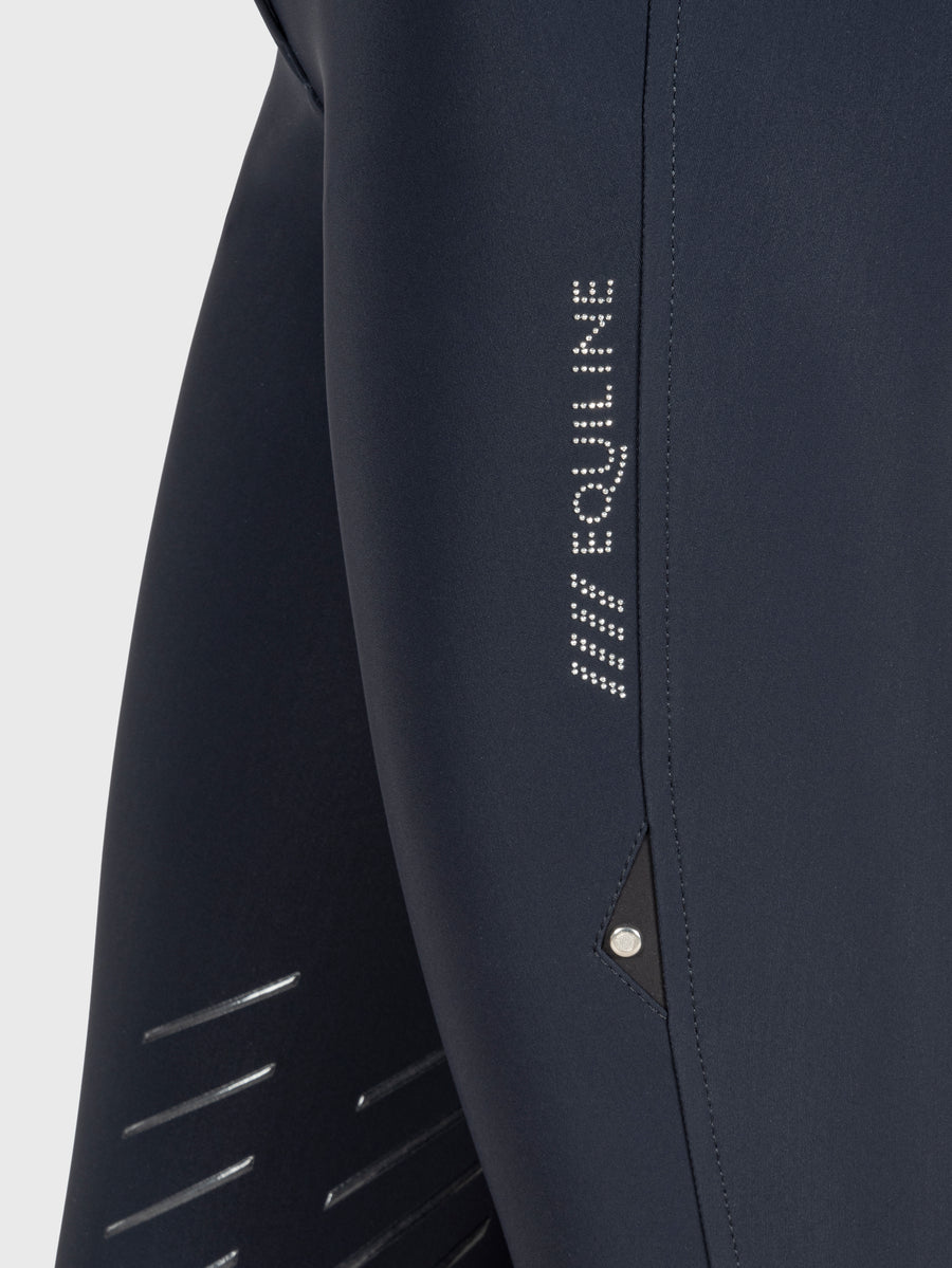 Front View Navy Silver “Equiline” logo in microstuds on the leg (silver for all breeches color)