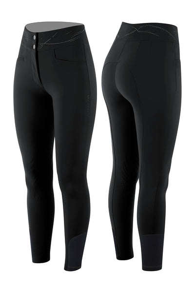 Black Women's high-waist breeches with knee grip. The waist has a two-button closure. Black ankle cuffs. Animo logo on outer thigh and design on waistband – both in rhinestones.