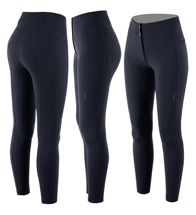 Blue Navy Women's high-waist breeches with knee grip. The waist, with a two-button closure, has an internal elastic system to adjust the size. Practical and spacious external pockets. Rhinestone Albratross logo on the left side of the leg.