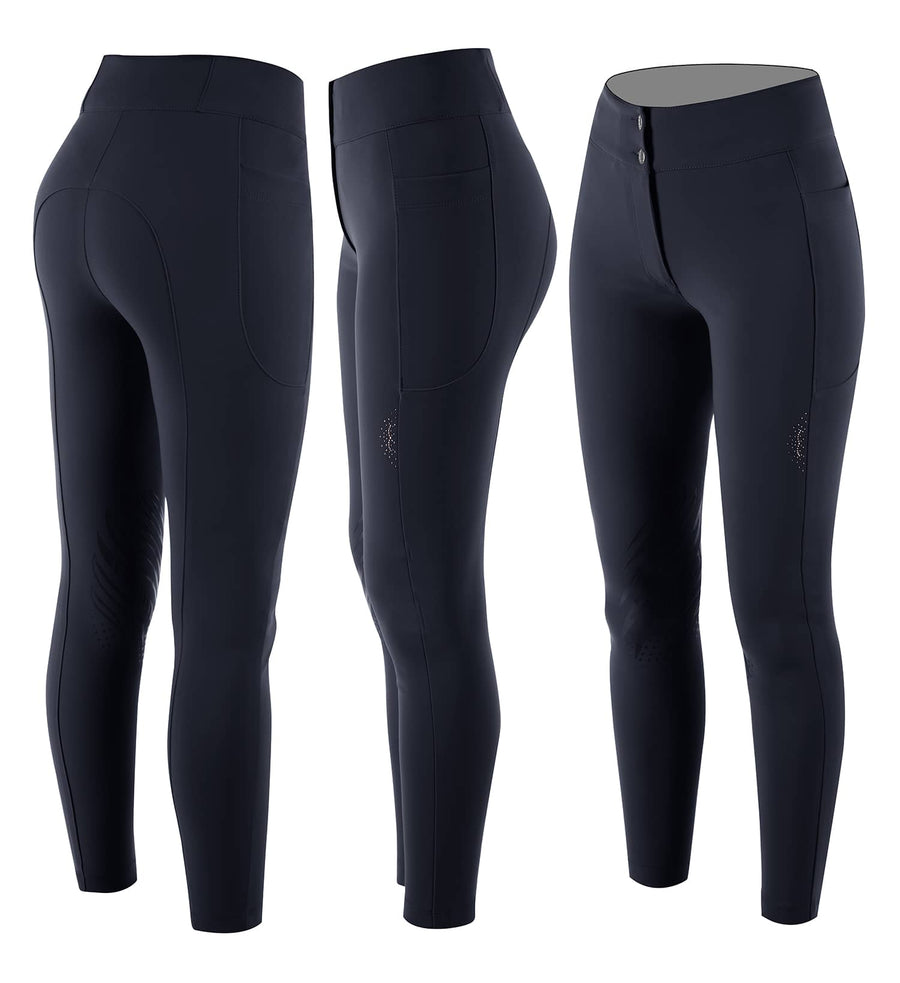 Black Women's high-waist breeches with knee grip. The waist, with a two-button closure, has an internal elastic system to adjust the size. Practical and spacious external pockets. Rhinestone Albratross logo on the left side of the leg.
