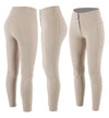Beige Women's high-waist breeches with knee grip. The waist, with a two-button closure, has an internal elastic system to adjust the size. Practical and spacious external pockets. Rhinestone Albratross logo on the left side of the leg.