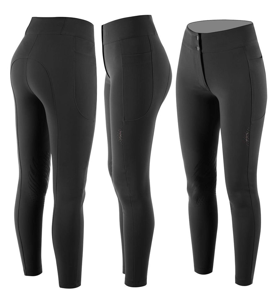 Black Women's high-waist breeches with knee grip. The waist, with a two-button closure, has an internal elastic system to adjust the size. Practical and spacious external pockets. Rhinestone Albratross logo on the left side of the leg.