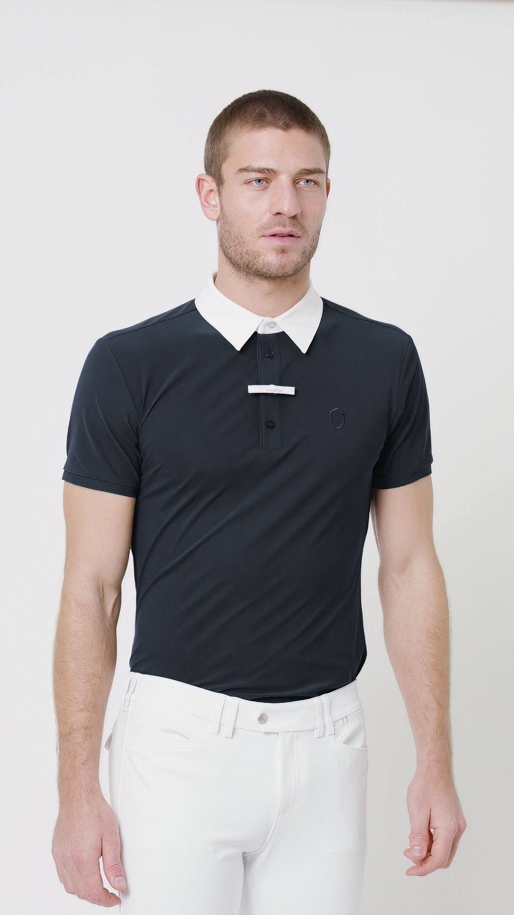 Navy Short Sleeve Polo w/ White Collar, and Custom Samahield perforation highlights the reverse whilst a tone on tone Samshield blazon sits on the chest.