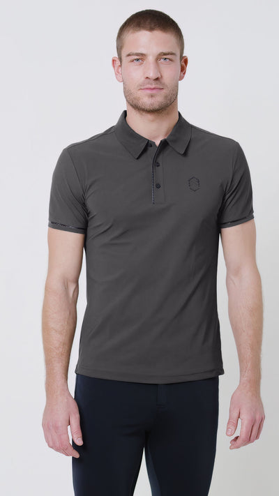 "Magnet" (dark grey) Short Sleeve Polo Shirt with a smart Samshield logo embroidered on the chest and a print logo on the cuffs