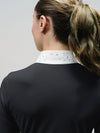Black Long Sleeve Show Shirt with White Collar, and Swarovski Crystals Crystal Leaf Pattern on back of collar.