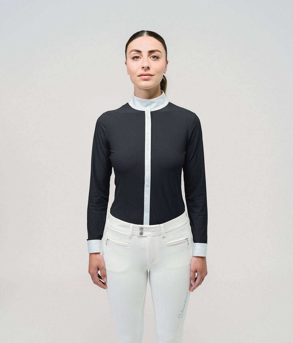 Black Long Sleeve Show Shirt with White Collar, and Swarovski Crystals Crystal Leaf Pattern on back of collar.