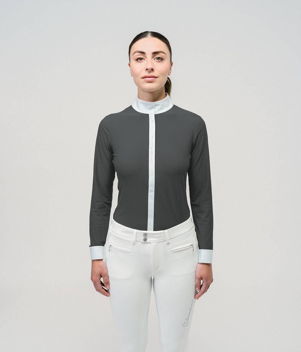 "Magnet" (grey colored) Long Sleeve Show Shirt with White Collar, and Swarovski Crystals Crystal Leaf Pattern on back of collar.