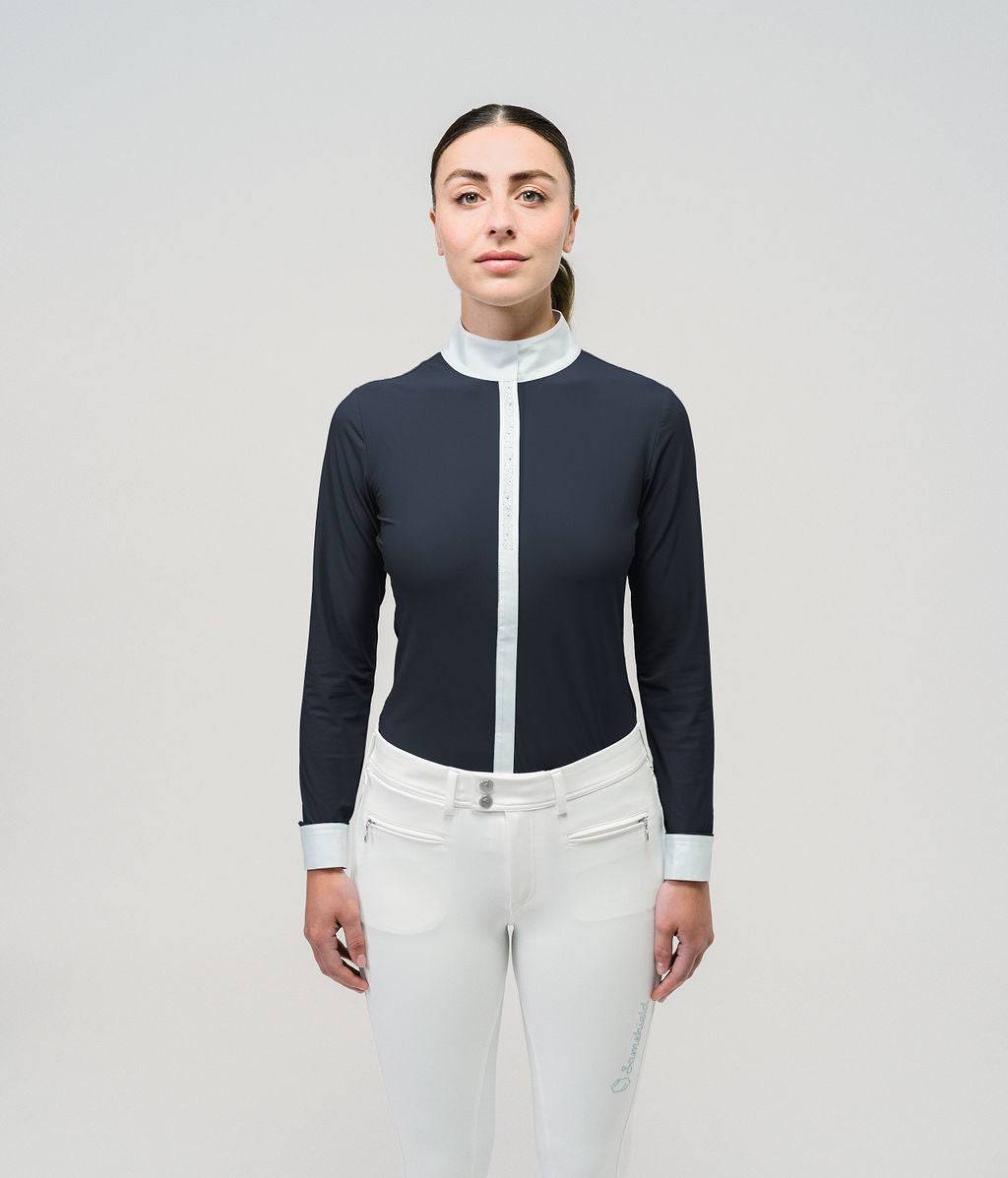 Navy Long Sleeve Show Shirt with White Collar, and Swarovski Crystals Crystal Leaf Pattern on back of collar.