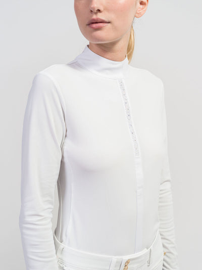 White Long Sleeve Show Shirt with White Collar, and Swarovski Crystals Crystal Leaf Pattern on back of collar.