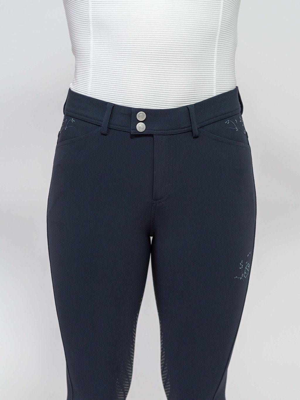Navy Knee Grip Breeches w/ Crystal Leaf Design on Pockets