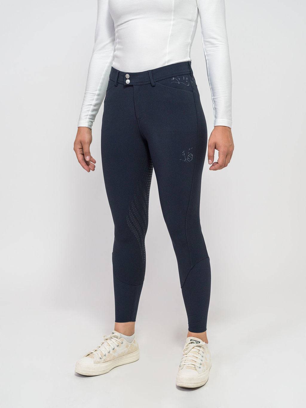 Navy Knee Grip Breeches w/ Crystal Leaf Design on Pockets