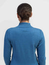 Back of Stone Blue Turtleneck Sweater w/ tone on tone Samshield logo
