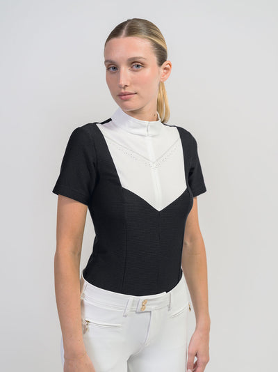 Black Texturized Short Sleeve Show Shirt w/ all white bib decorated with Swarovski® crystals. 1/4 zip