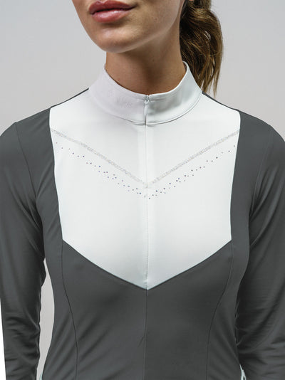 "Magnet" (dark grey) Long Sleeve Show Shirt w/ all white bib decorated with Swarovski® crystals. 1/4 zip