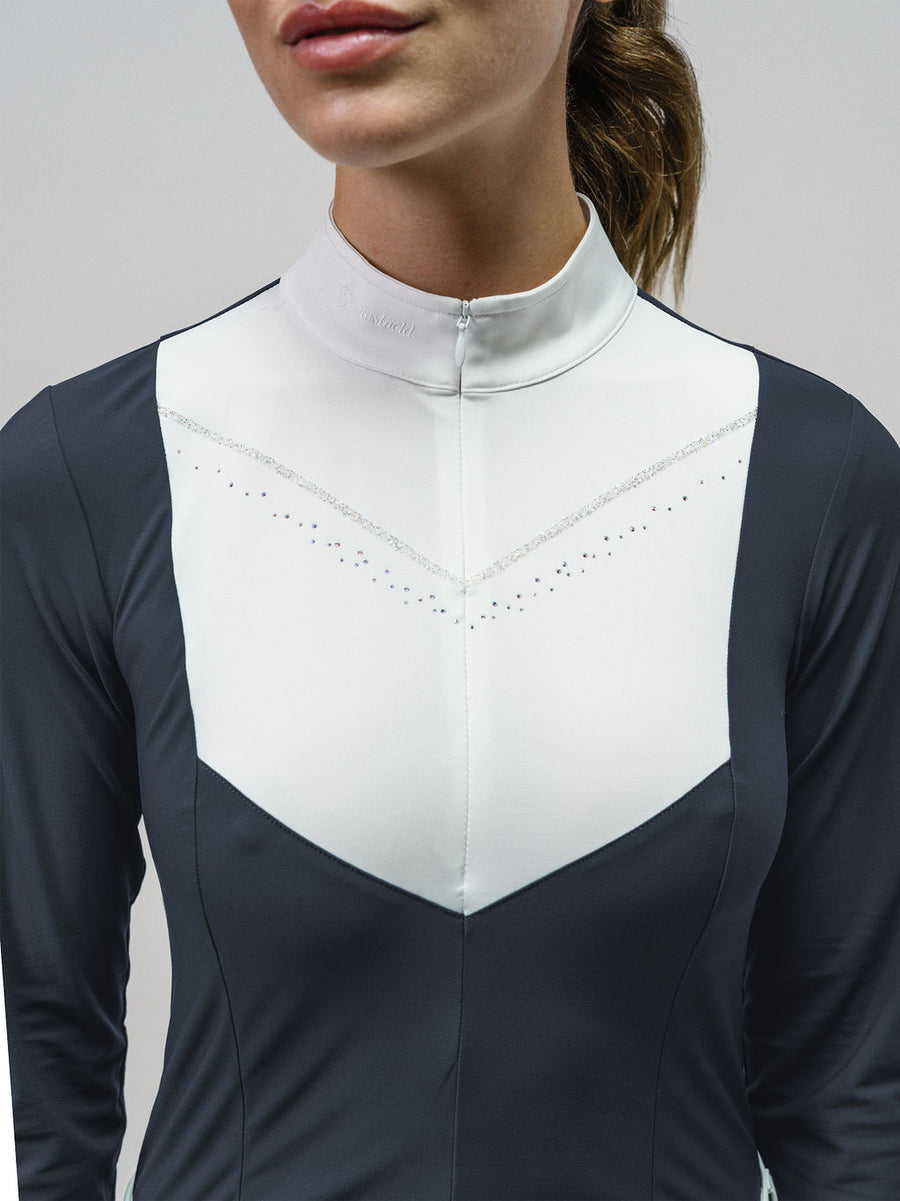 White Long Sleeve Show Shirt w/ all white bib decorated with Swarovski® crystals. 1/4 zip