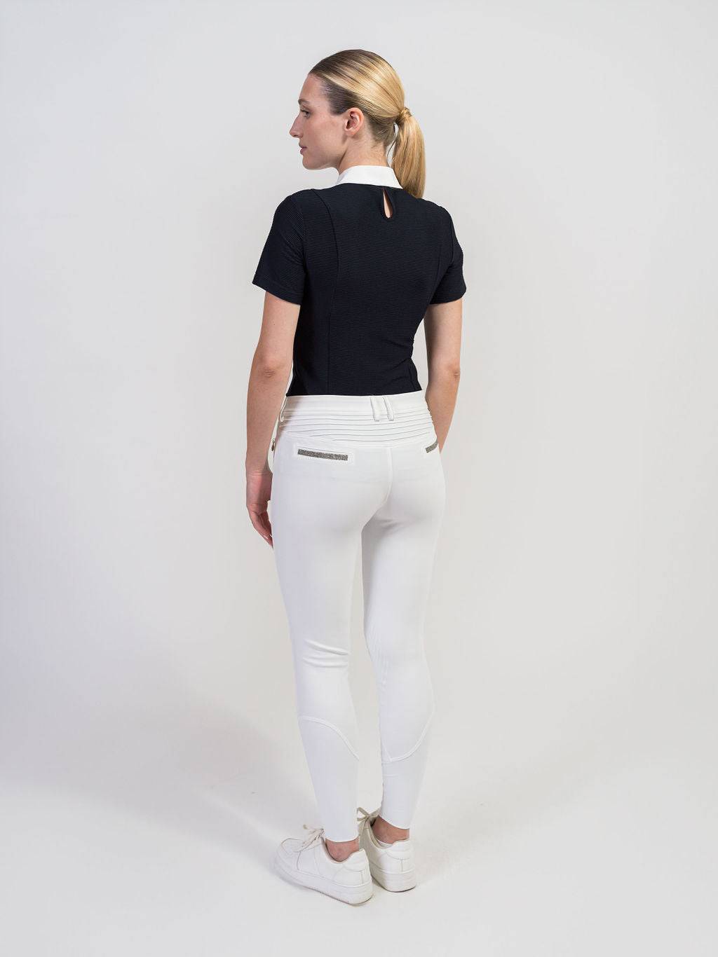 Back of Navy Texturized  Short Sleeve Show Shirt w/ all white bib decorated with Swarovski® crystals. 1/4 zip