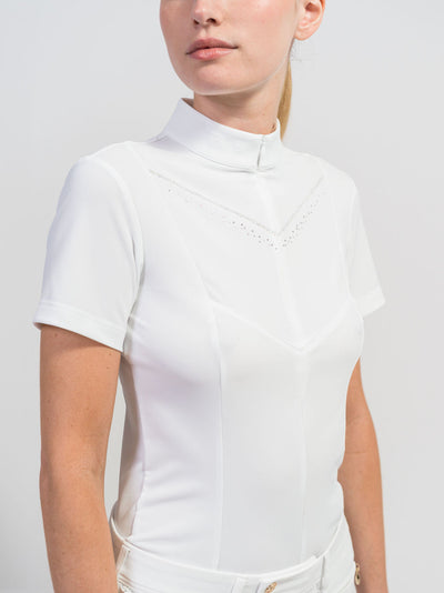 White Short Sleeve Show Shirt w/ all white bib decorated with Swarovski® crystals. 1/4 zip