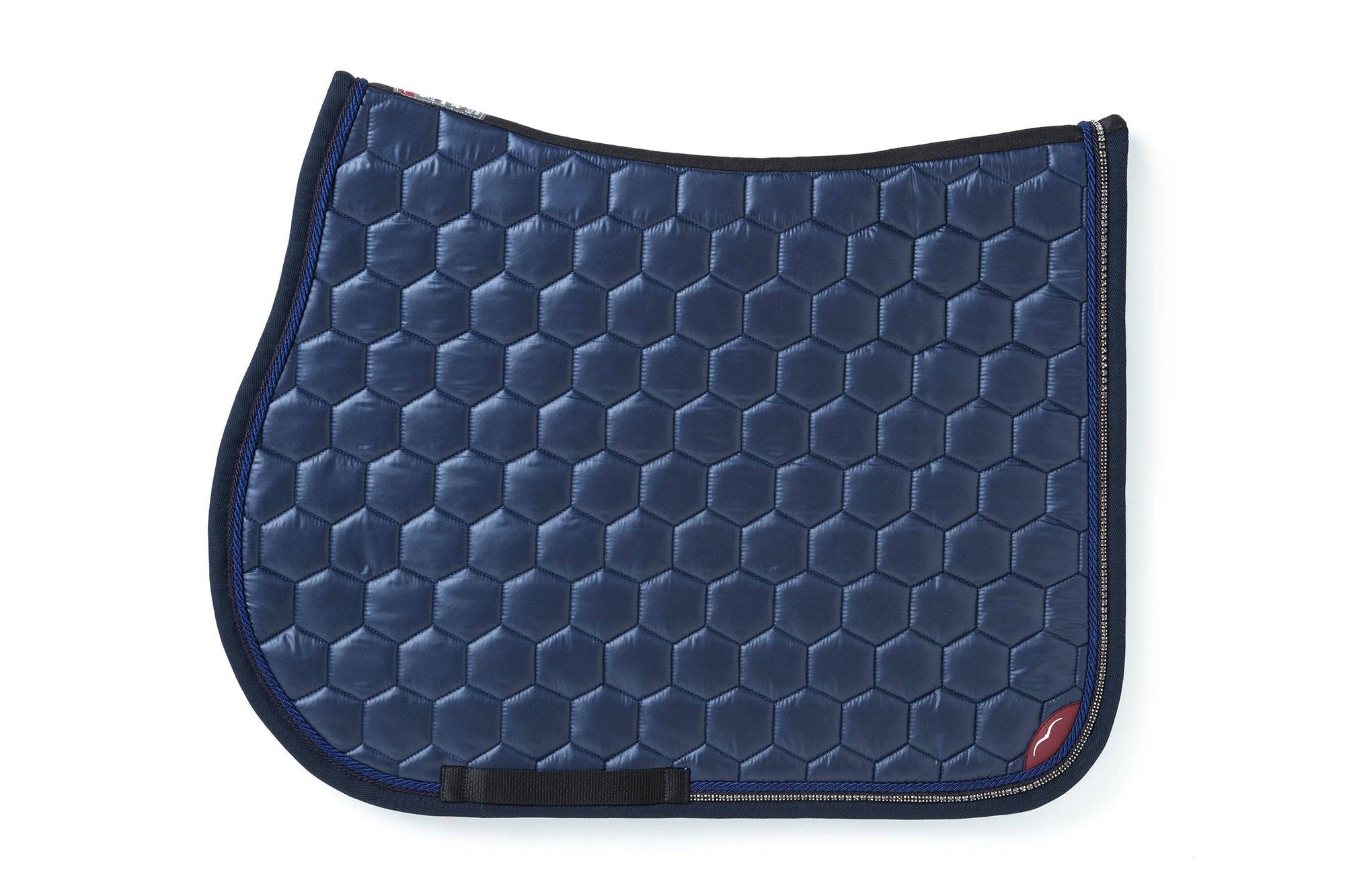 Navy Saddle Pad with Rhinestone and Tone on Tone Piping, and small Animo logo on bottom of pad.