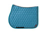 Teal Blue Saddle Pad with Rhinestone and Tone on Tone Piping, and small Animo logo on bottom of pad.