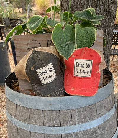 Vintage Life - Drink Up Bitches Distressed Trucker Hat Baseball Cap - Orange - Exceptional Equestrian